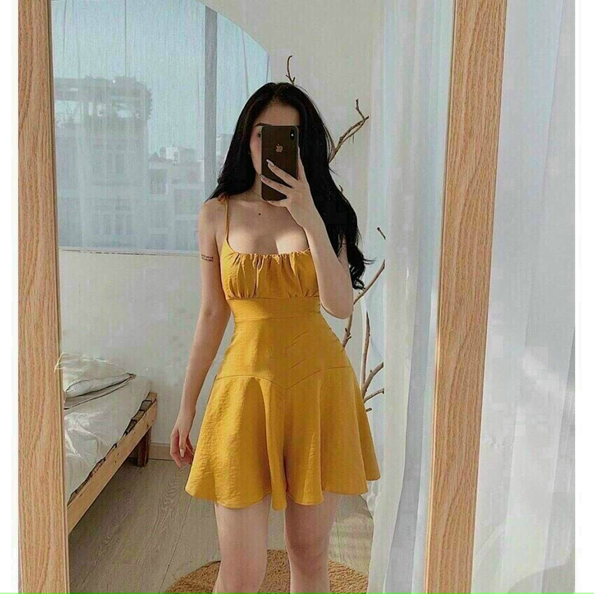 [HOT] 👗Đầm Nữ Xòe Hai Dây Xếp Ly (Mút Ngực) Đa Dạng Màu Sắc (Xanh, Nâu, Vàng) | BigBuy360 - bigbuy360.vn
