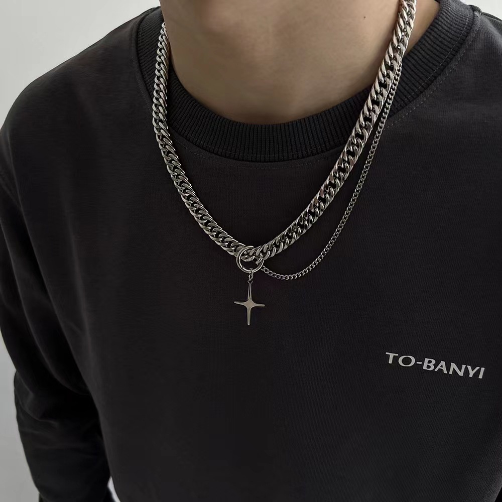 Dây Chuyền Thép Titan Chain Cuban Mặt Đính Ngôi Sao 4 Cánh Phối Dây Xích Độc Đáo - Vòng Cổ Stainless Steel Thép Không Gỉ