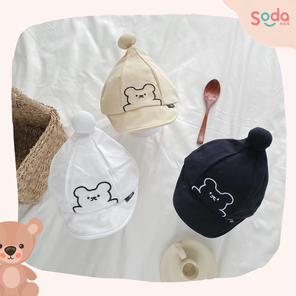 Mũ lưỡi mềm thêu gấu chóp tròn dành cho bé trai và bé gái 9m-2y
