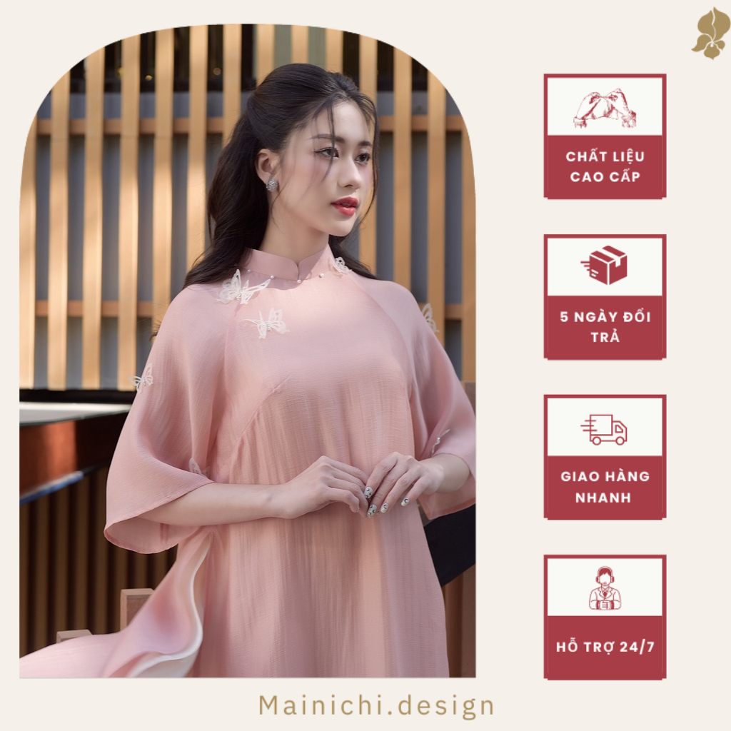 Áo Dài Cách Tân Nữ Hồ Điệp MÀU HỒNG Thiết Kế Chính Hãng, Áo Dài Dáng Xuông Cảm Hứng Việt Phục_mainichi