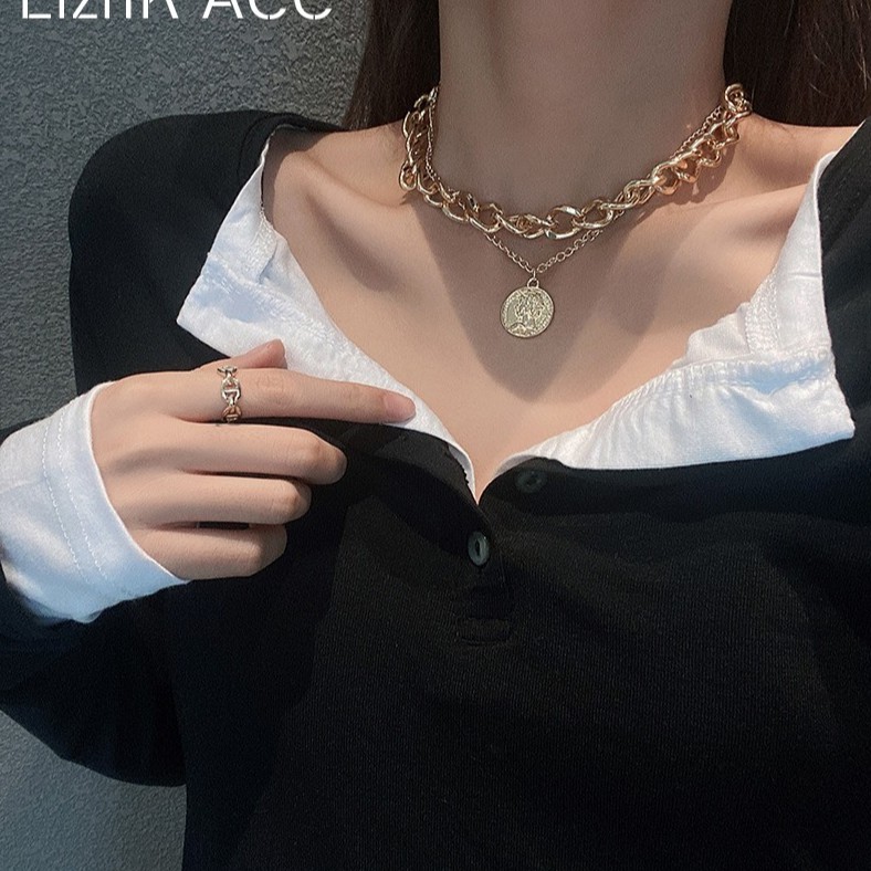 Dây chuyền hai lớp phối sợi xích phong cách hip hop thời trang cho nữ