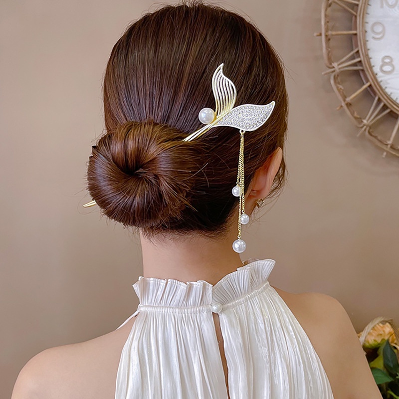 Trâm cài tóc đuôi cá đính ngọc trai nhân tạo, kèm dây rũ đẹp sang trọng
