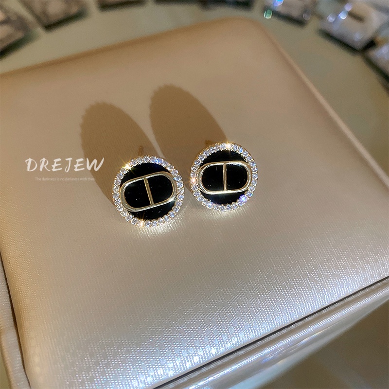 DREJEW Khuyên tai mạ bạc 925 hình chữ đính kim cương phong cách Hàn Quốc đơn giản cá tính
