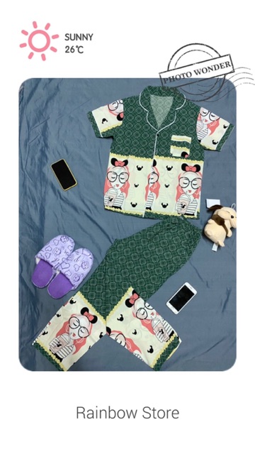 ⛔️[SALE SIÊU HOT] ⛔️ Bộ ngủ pijama chất vải lụa satin cao cấp hoạ tiết cô gái ( tay cộc, quần dài ).