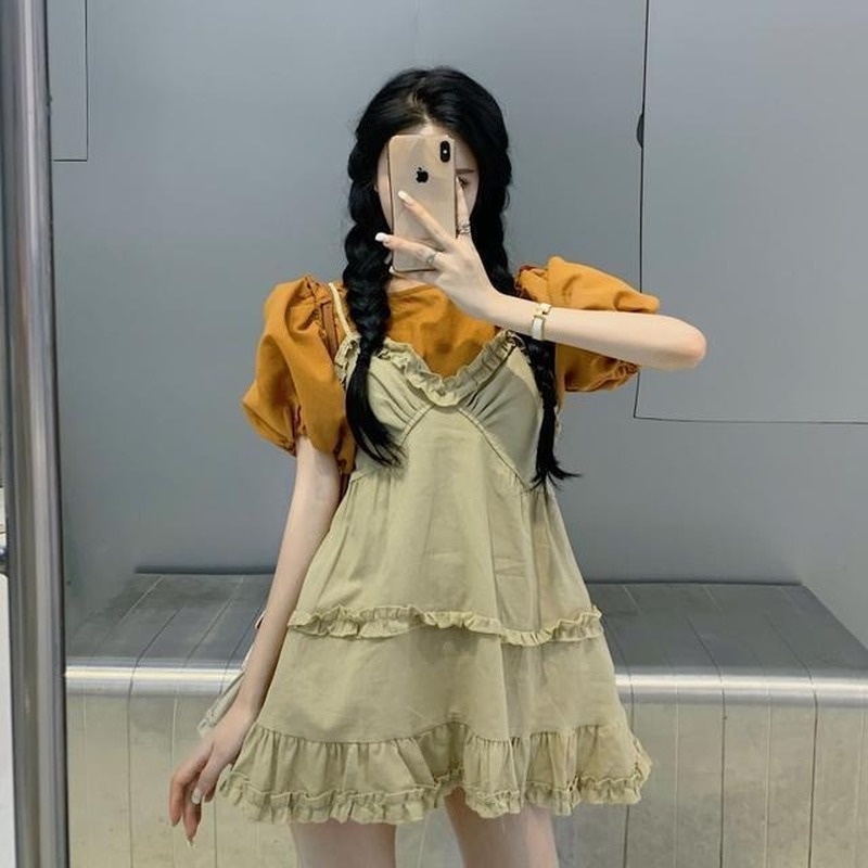 Set Áo Sơ Mi Tay Phồng + Váy Yếm Phong Cách Hàn Quốc Thời Trang Cho Nữ