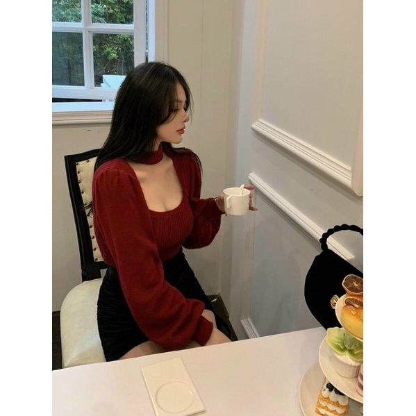 SÉT ÁO CHOKER ĐỎ CVAY RÚT ĐÙI.