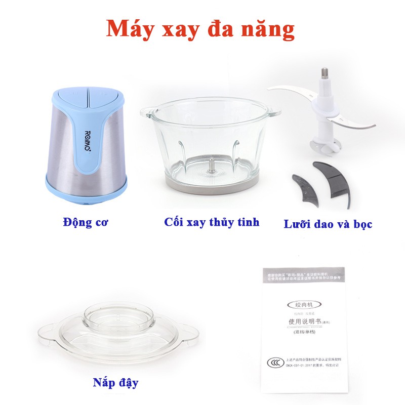 Máy xay thịt chính hãng ROMO 2L, 220V-240V, công suất Lớn, cối thủy tinh dày 6mm, 2 lưỡi dao kép - Bảo hành 24 tháng