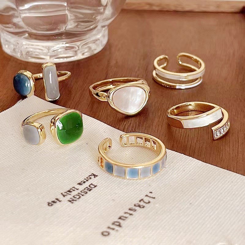 Nhẫn Bạc S925 Hở Màu Ngọc Lục Bảo Phong Cách Hip hop Hàn Quốc