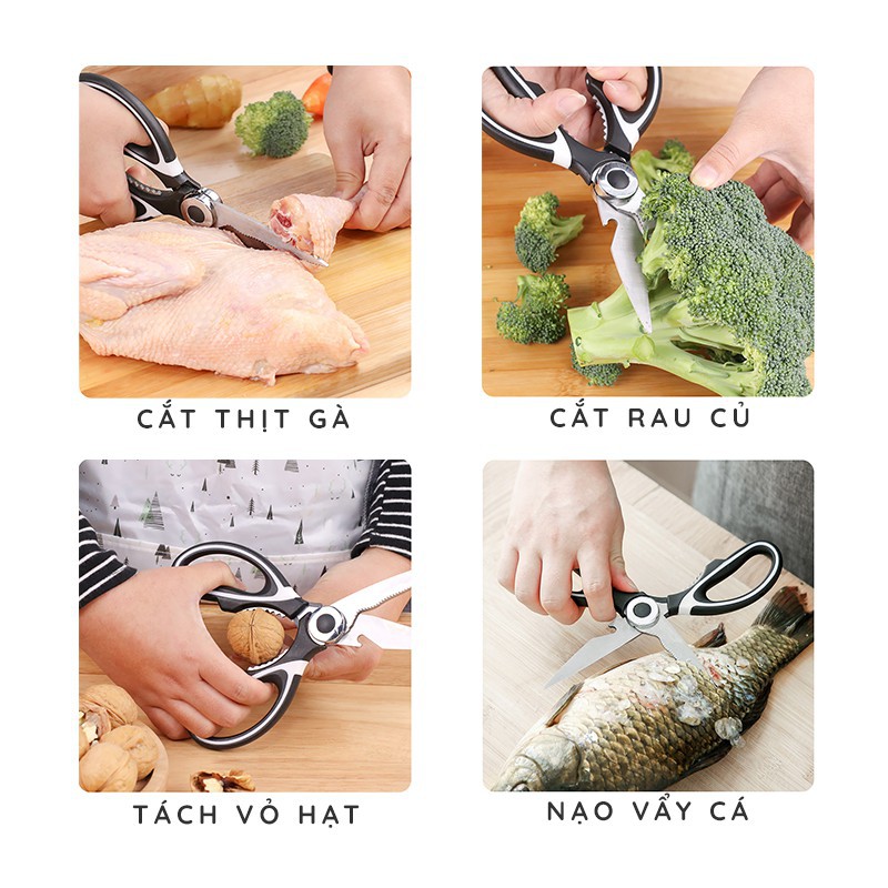 Kéo Cắt Gà, Vịt, thức ăn Và Thực Phẩm Nhà Bếp Inox Đa Năng Trắng đen