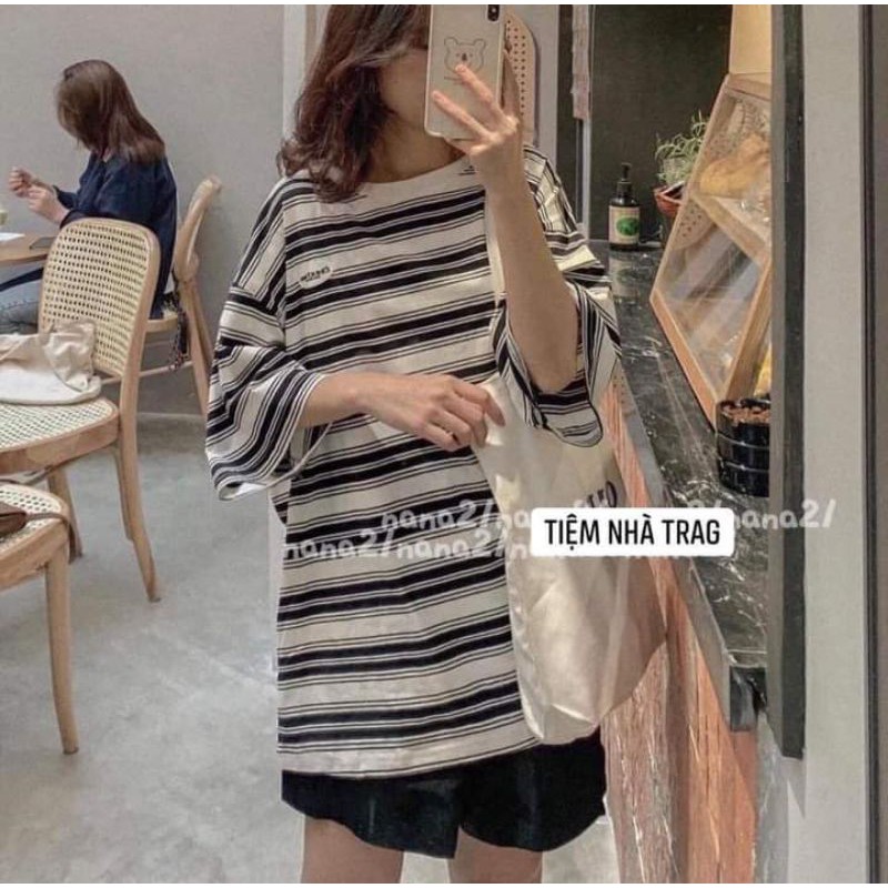 [Rẻ Vô Địch] Áo cotton tay lỡ Unisex mặc đôi ,nhóm , lớp------ Áo kẻ ngang in logo