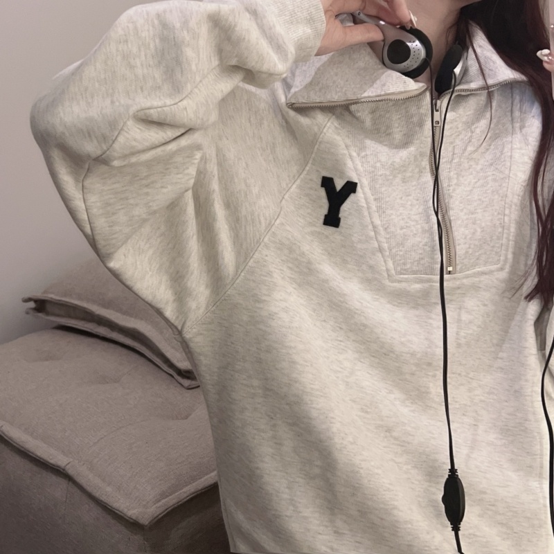 ZHELIHANGFEI Áo Thun POLO Tay Dài Có Dây Kéo Với Họa Tiết Thêu Theo Phong Cách Preppy Hợp Thời Trang