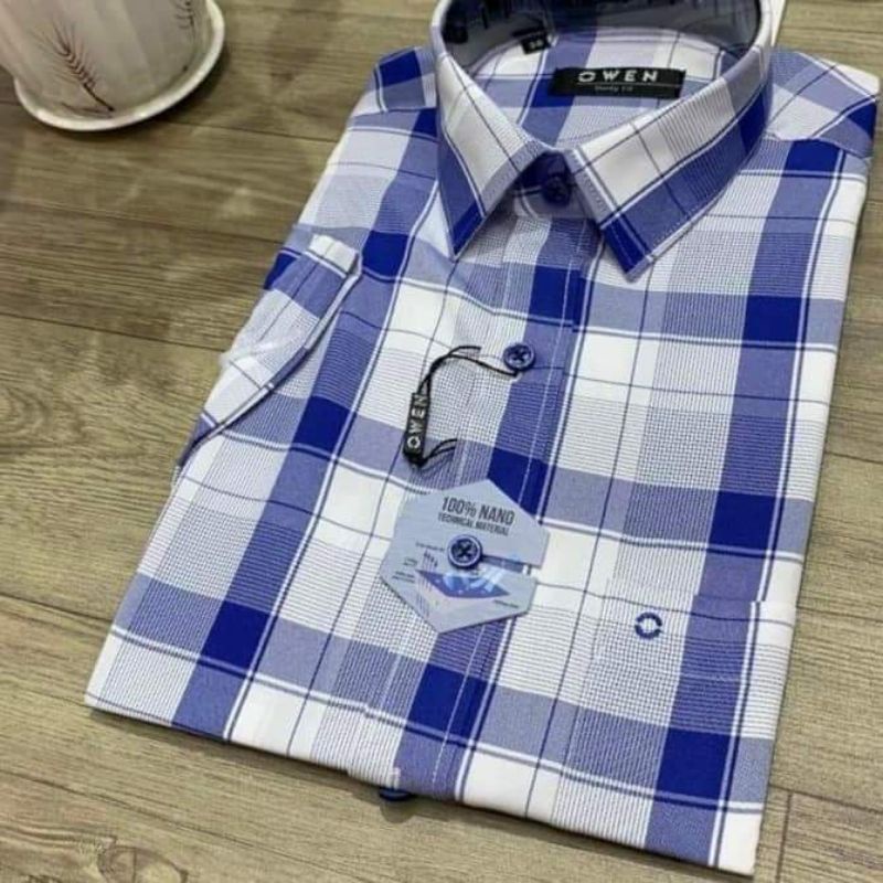 Áo Sơ Mi Nam Ngắn Tay OWEN BA220117NT Somi Công Sở Cao Cấp Màu Kẻ Caro Lớn Navy Trắng Vải Nano Dáng Suông Tà Bằng Có Túi