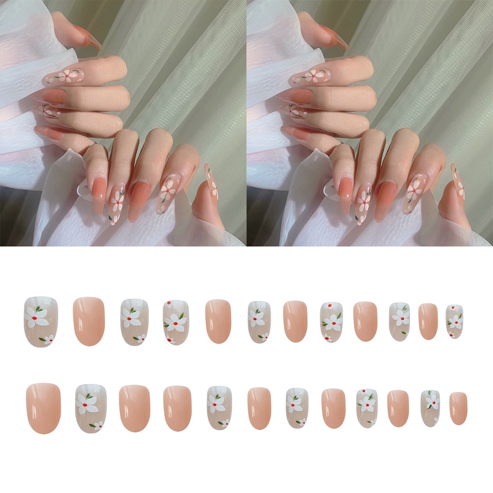 Set 24 Móng Tay Giả Trang Trí Họa Tiết Hoa Màu Cam