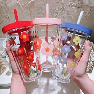 Ly Nhựa Hoa Kèm Ống Hút