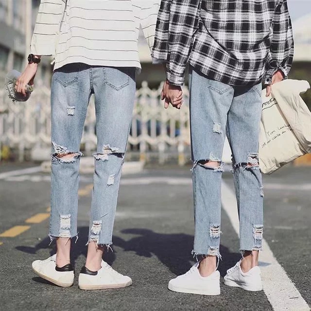 【Summer New】 Quần jean S-2XL Nhật Bản rách kiểu BF ống thẳng kiểu Hàn Quốc Cặp đôi 9 điểm ăn mặc cá tính Quần jean rách denim cá tính