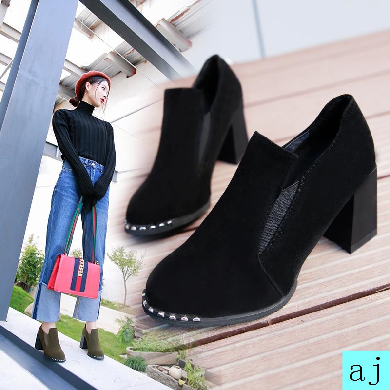 Giày bốt cao gót đế dày phong cách Hàn Quốc thời trang 2021 cho nữ