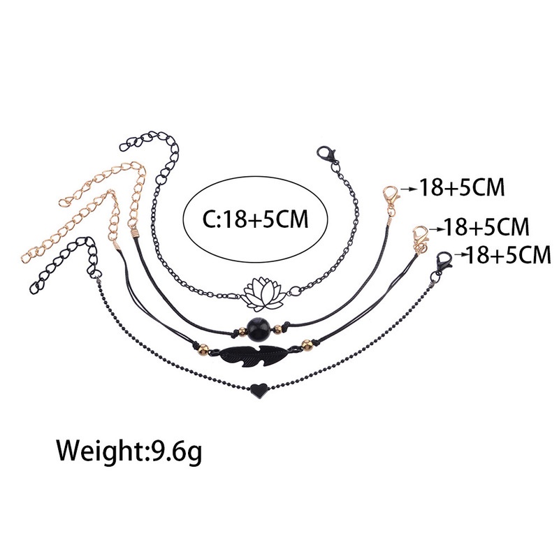 Set 4 vòng đeo tay chuỗi hạt màu đen phối hình lá hoa sen thời trang cho nữ