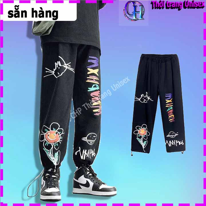 SIÊU PHẨM  Quần Ống Rộng Nam Nữ Jogger In Hoa Nỉ da cá Dây Rút Ở Gấu - Kiểu quần ống rộng cạp cao Unisex