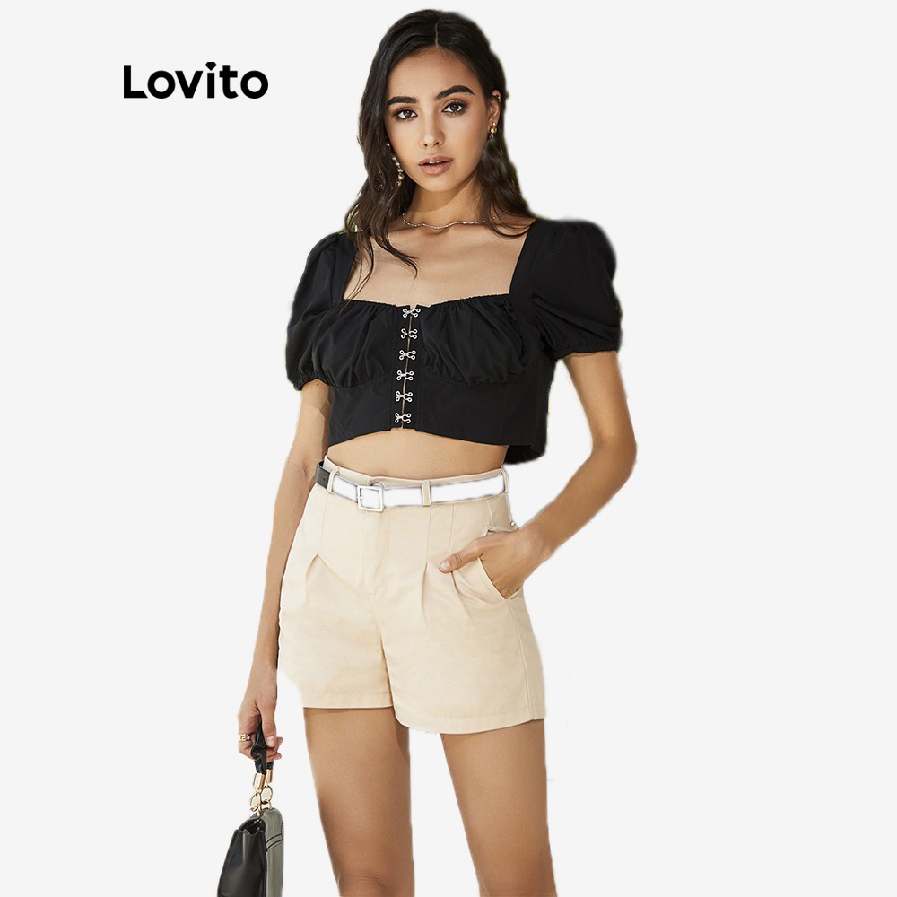 Áo croptop Lovito tay phồng màu trơn L02114 (Màu đen) | BigBuy360 - bigbuy360.vn