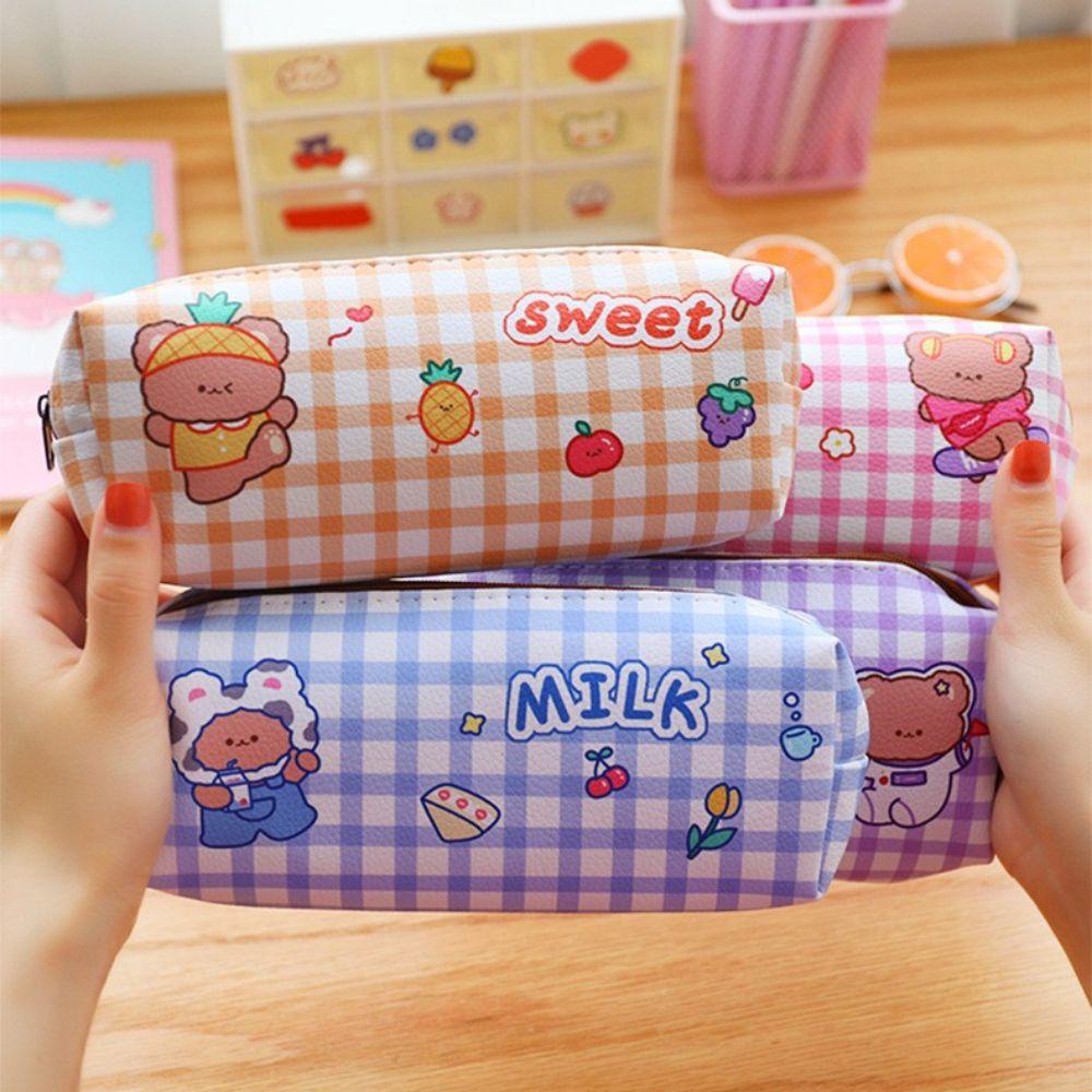 Túi Đựng Bút Chì Kẻ Sọc Caro Sức Chứa Lớn Phong Cách Hàn Quốc