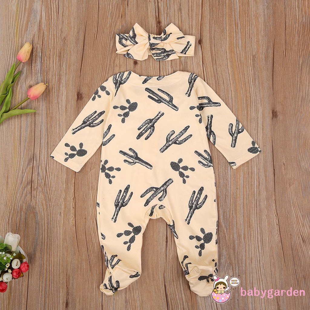 Bộ áo liền quần tay dài in hình xương rồng có băng đô và nơ cài tóc cho bé sơ sinh
