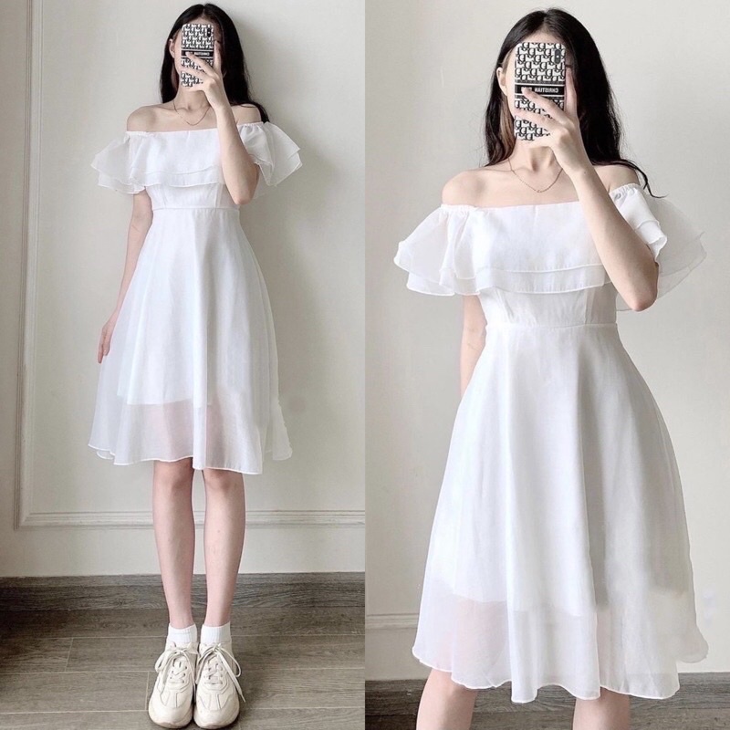 Váy trắng kỷ yếu prom dự tiệc voan tơ trễ vai