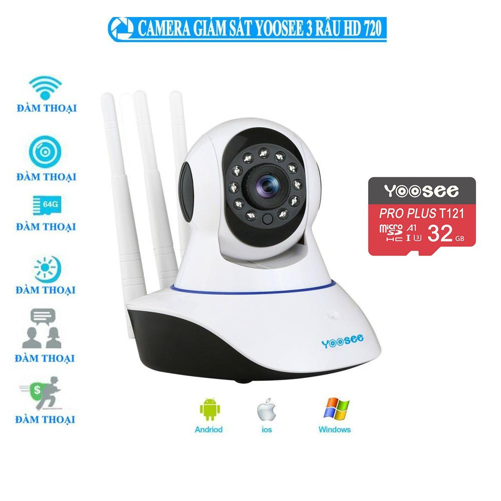 Camera IP Wifi Yoosee 3 Râu HD720P 10 đèn hồng ngoại đàm thoại 2 chiều (Trắng) + Kèm thẻ nhớ Yoosee/NTC U3 32GB
