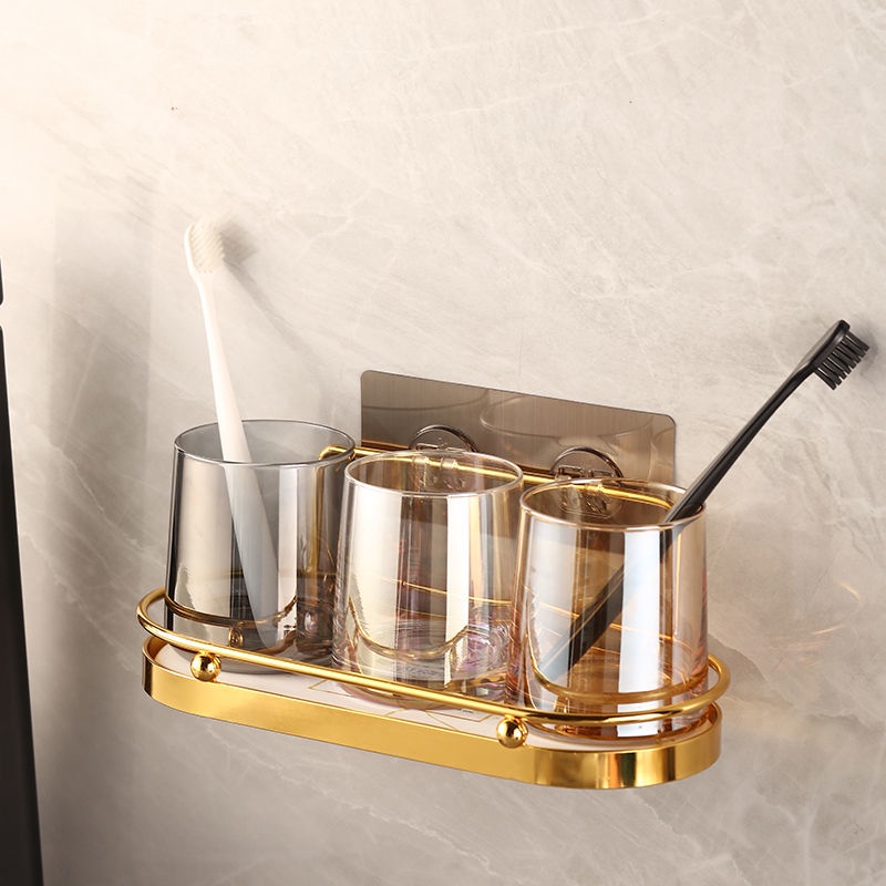 A-LIFE Giá Đỡ Bàn Chải Đánh Răng / Giá Đỡ Bàn Chải Đánh Răng Gắn Tường Miễn Đục Lỗ Sang Trọng Cho Phòng Tắm/Giá Kệ kèm cốc sứ cắm bàn chải đánh răng, khay bùn tảo cát bay hơi nước trong