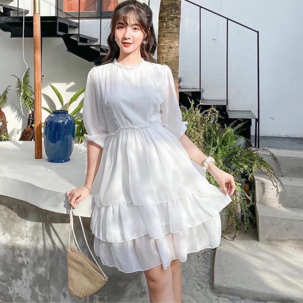 [Ảnh thật] Váy trắng voan tầng tay bồng thắt nơ siêu xinh - Đầm trắng kỉ yếu dáng xòe thắt nơ