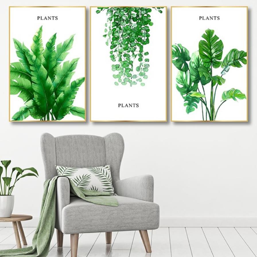 SET 3 Tranh Tráng Gương Treo Tường Lá Xanh Thiên Nhiên Treo Phòng Khách/ Phòng Làm Việc