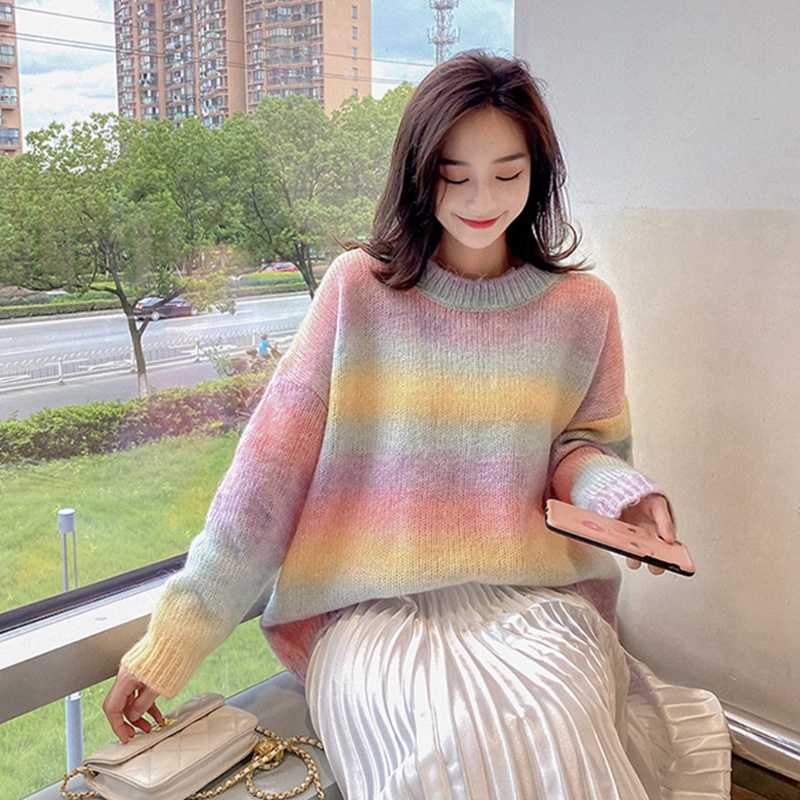 Áo Len Tay Dài Cổ Tròn Họa Tiết Kẻ Sọc Màu Sắc Cầu Vồng Phong Cách Harajuku Thời Trang Mùa Thu Dành Cho Nữ 10mk