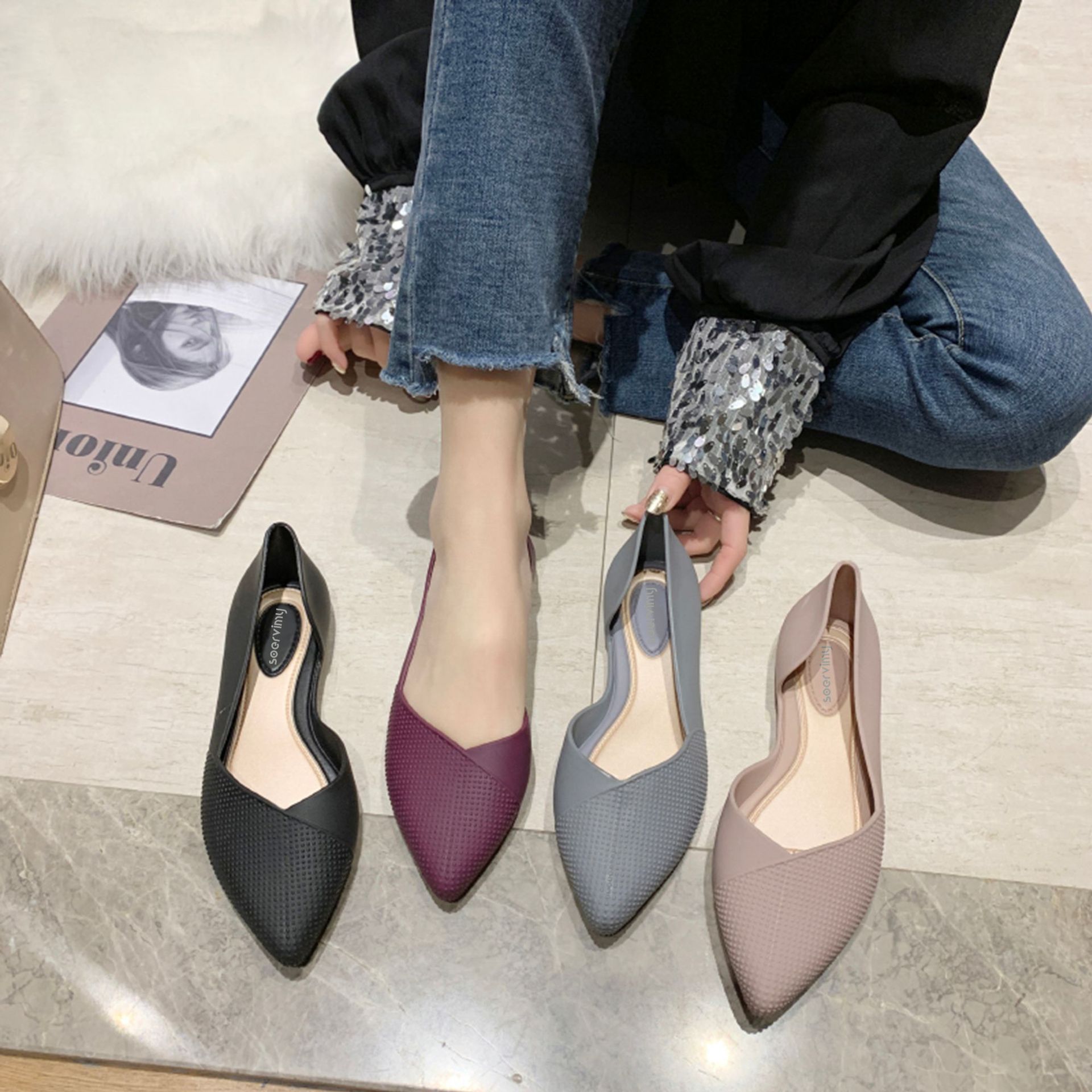 Jelly Color Comfortable Pointed Flats for Women Fashion Pump Soft Sole Slip-On Ballet Loafers Ladies Shoes