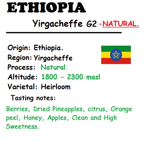 HẠT - 2 TÚI 250 GRAM CÀ PHÊ  - ETHIOPIA YIRGACHEFFE KURABIKI G2 - WASHED - RANG MỘC - ESPRESSO/COLD BREW.