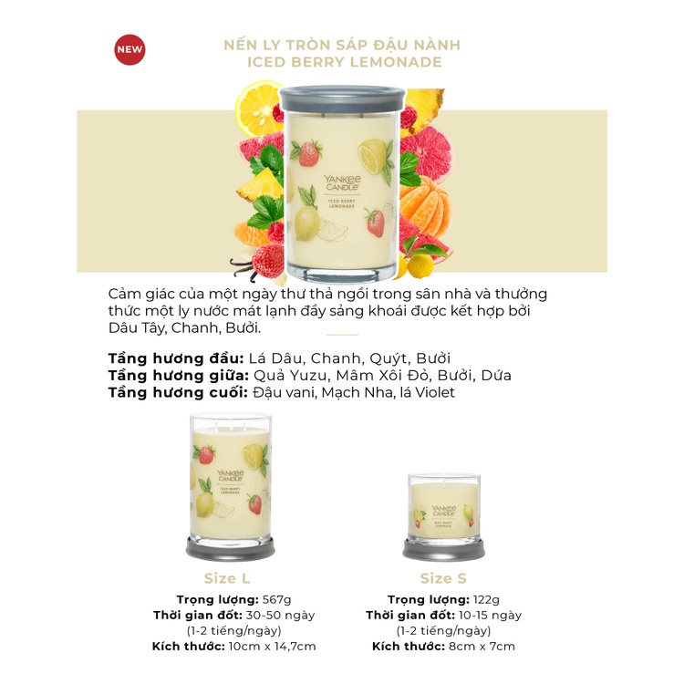 Nến ly tròn sáp đậu nành Yankee Candle size L (567g) - Iced Berry Lemonade