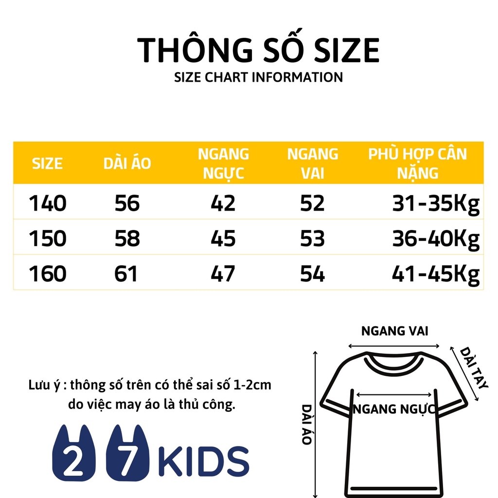 Áo thun bé trai ngắn tay size đại 27Kids AKLAowkulae cộc nam 100% Cotton cho trẻ từ 4-14 tuổi BSTS20