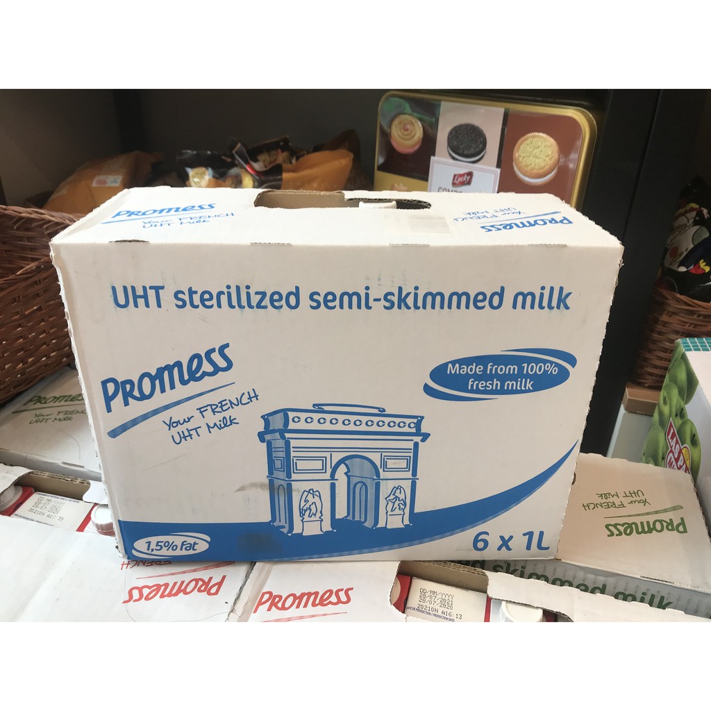 Sữa tươi ít béo (Semi - skimmed milk) promess. Thùng 6 hộp x 1L