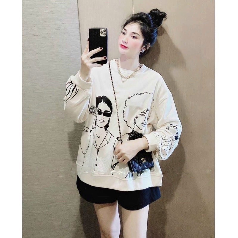 Áo Sweater Nỉ 2 Cô Gái Form Rộng Tay Phồng, Áo Nỉ Cổ Tròn Nữ | BigBuy360 - bigbuy360.vn