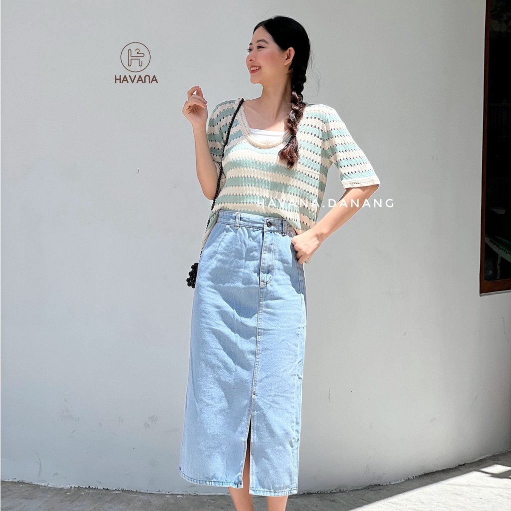 Áo len ngắn tay cổ tròn sọc ngang, áo lỗ cộc tay phong cách AE211