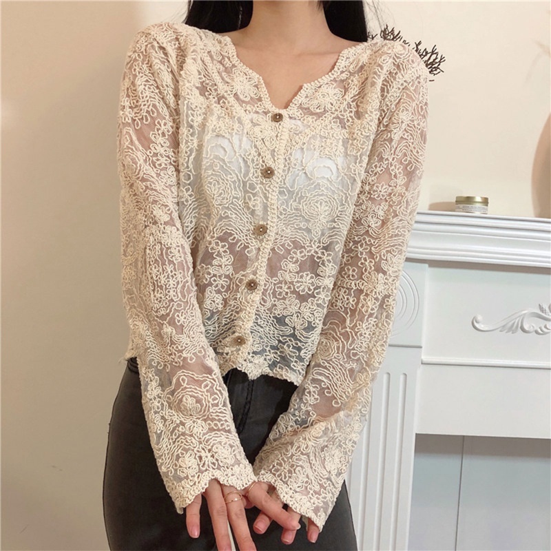 Áo Khoác Ren Cardigan Tay Dài Cổ Chữ V Họa Tiết Hoa Thêu Thời Trang Đi Biển Cho Nữ