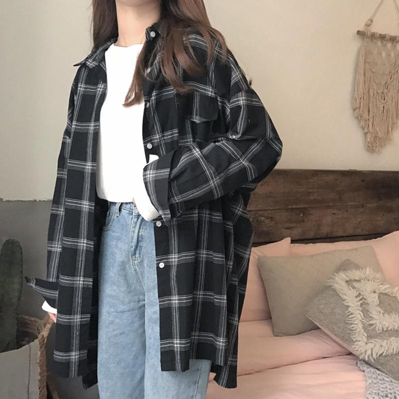 Áo sơ mi nữ tay dài dáng rộng họa tiết kẻ caro phong cách Hàn Quốc