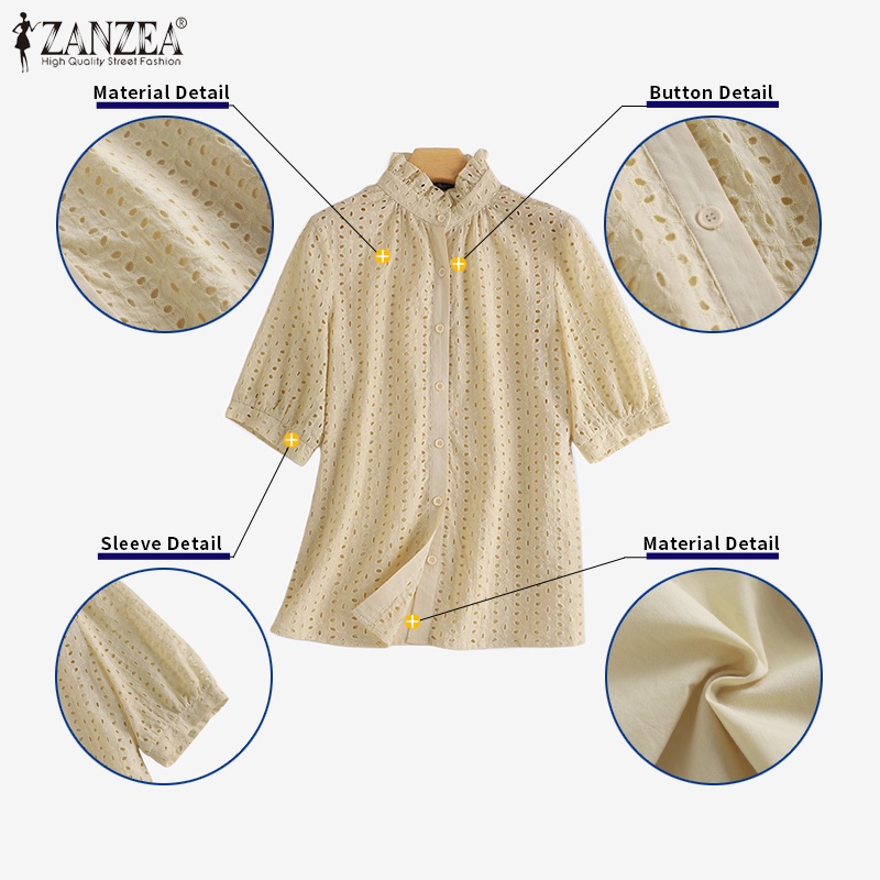 Zanzea Áo Kiểu Tay Ngắn Cổ Đứng Phối Bèo Và Nút Thời Trang Cho Nữ