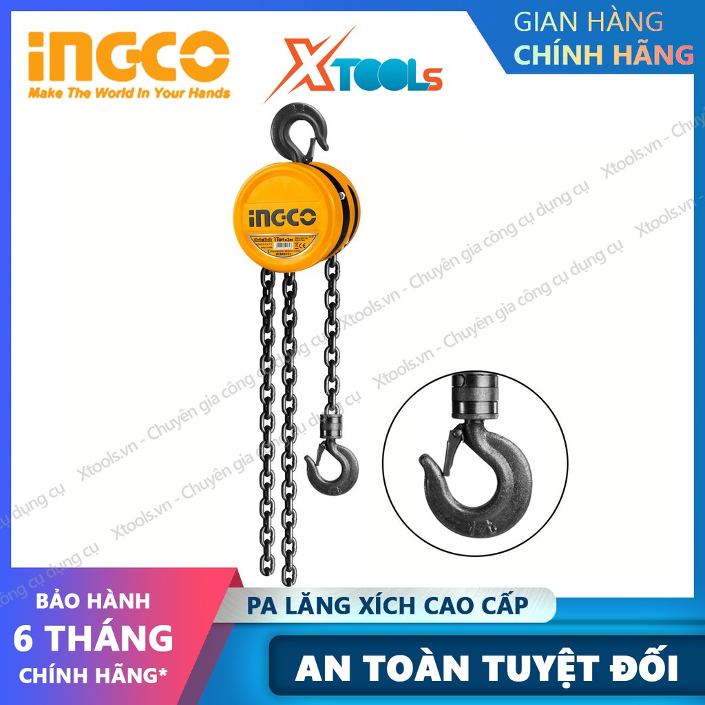 Palang xích treo cao cấp INGCO 1-2 tấn x 3m ba lăng ròng rọc xích kéo vận chuyển nâng di vật nặng hàng hoá cồng kềnh