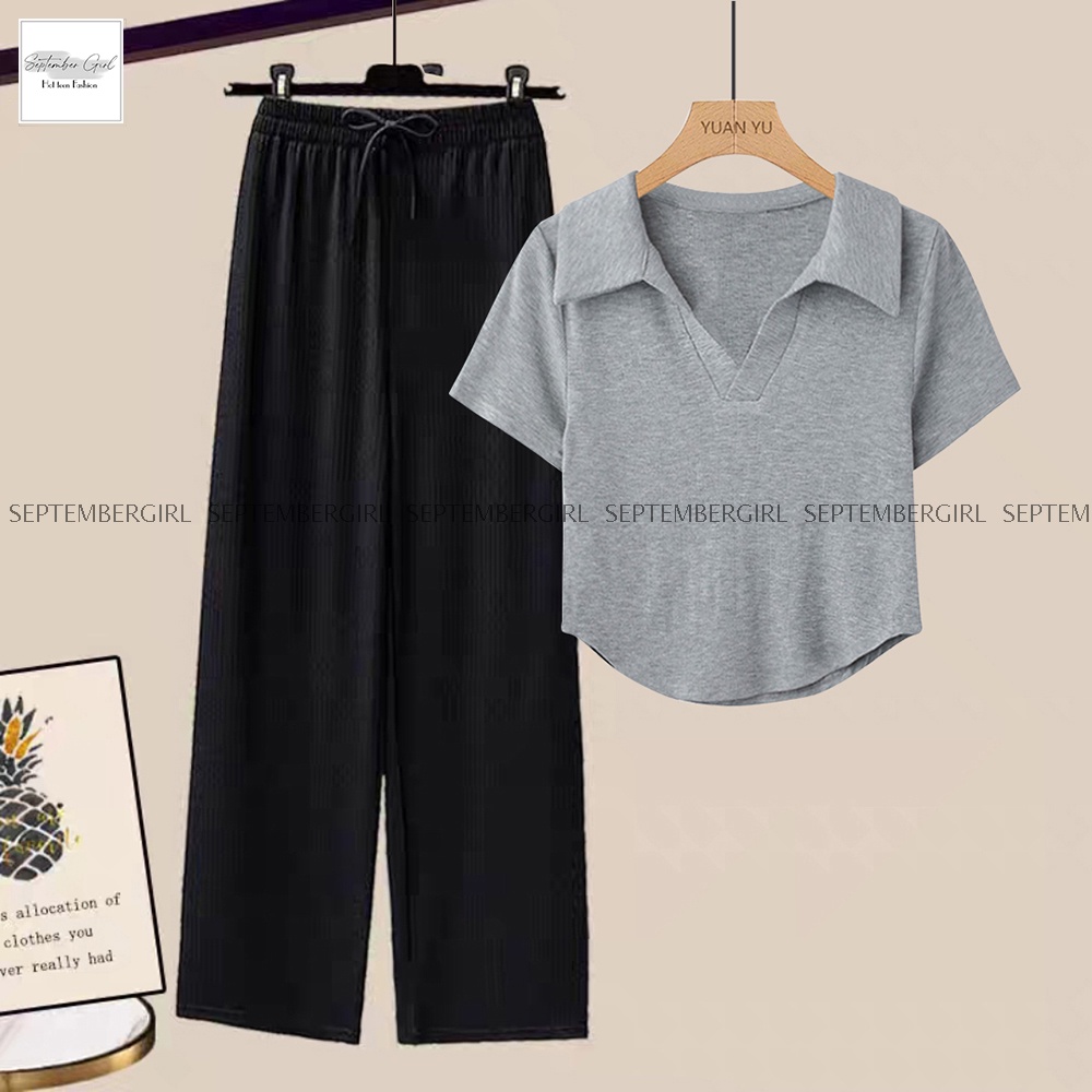 ComBo Áo Polo CropGHEP TOP Kết Hợp Quần Suông Thun Tăm Hách Dáng SEPTEMBERGIRL - GHEP TOP 001 + QUAN 001