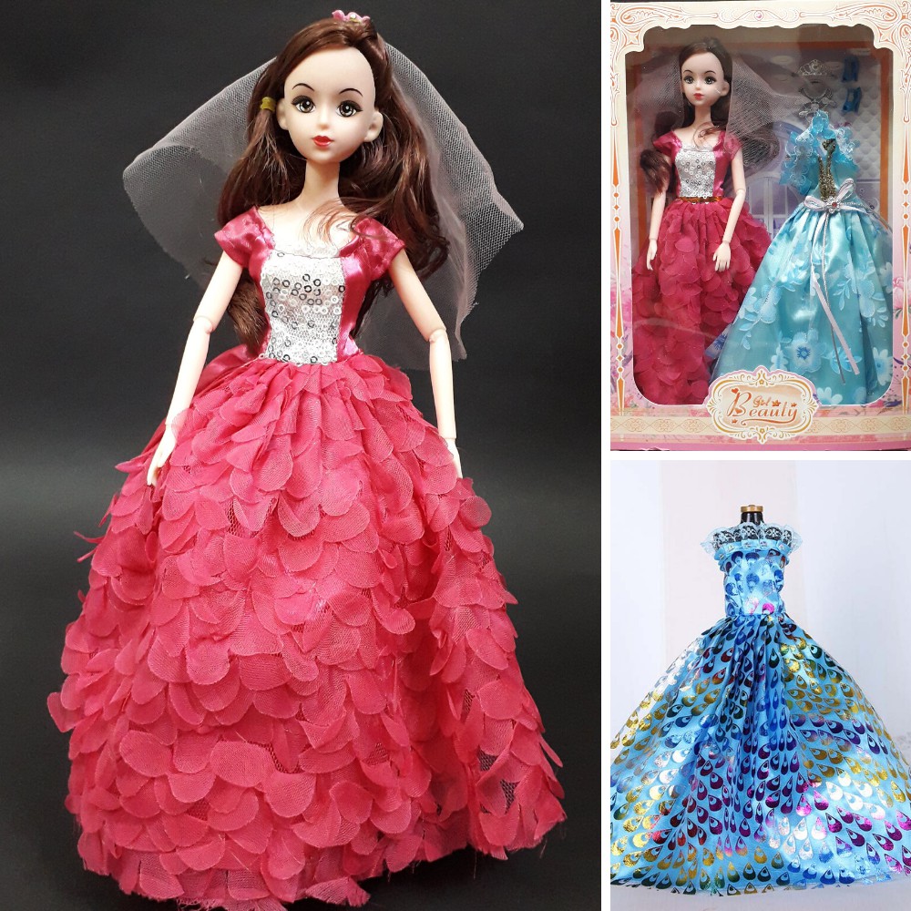 Đồ chơi Búp bê Barbie cô dâu cho bé, có 12 khớp, kèm đầm công chúa, phụ kiện giày, vương miện, cao 30cm