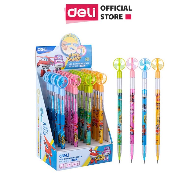 Bút chì khúc 2B Deli hình SUPERWINGS - Màu xanh lá, xanh dương, vàng, hồng