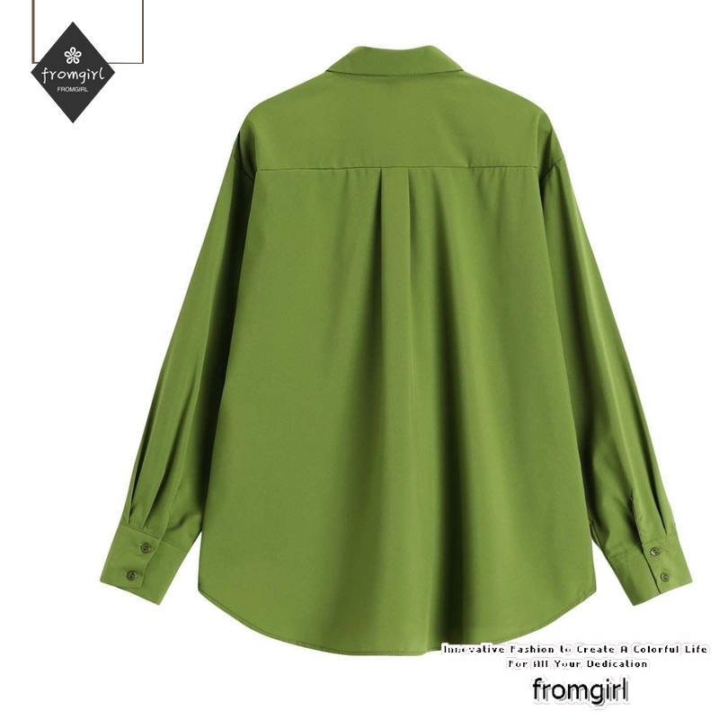 Áo Sơ Mi Cổ Tròn Tay Dài Dáng Rộng Màu Xanh Lá Thời Trang Mùa Xuân Phong Cách Retro 2022 Dành Cho Nữ