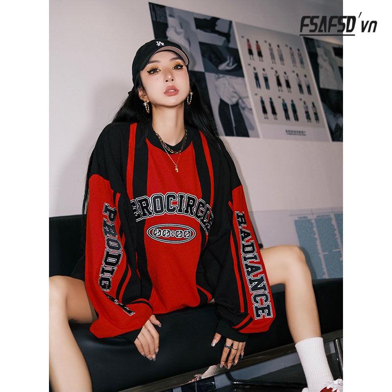 Áo Nỉ Nữ Dài Tay Cổ Tròn Màu Đen / Đỏ Thời Trang Hàn