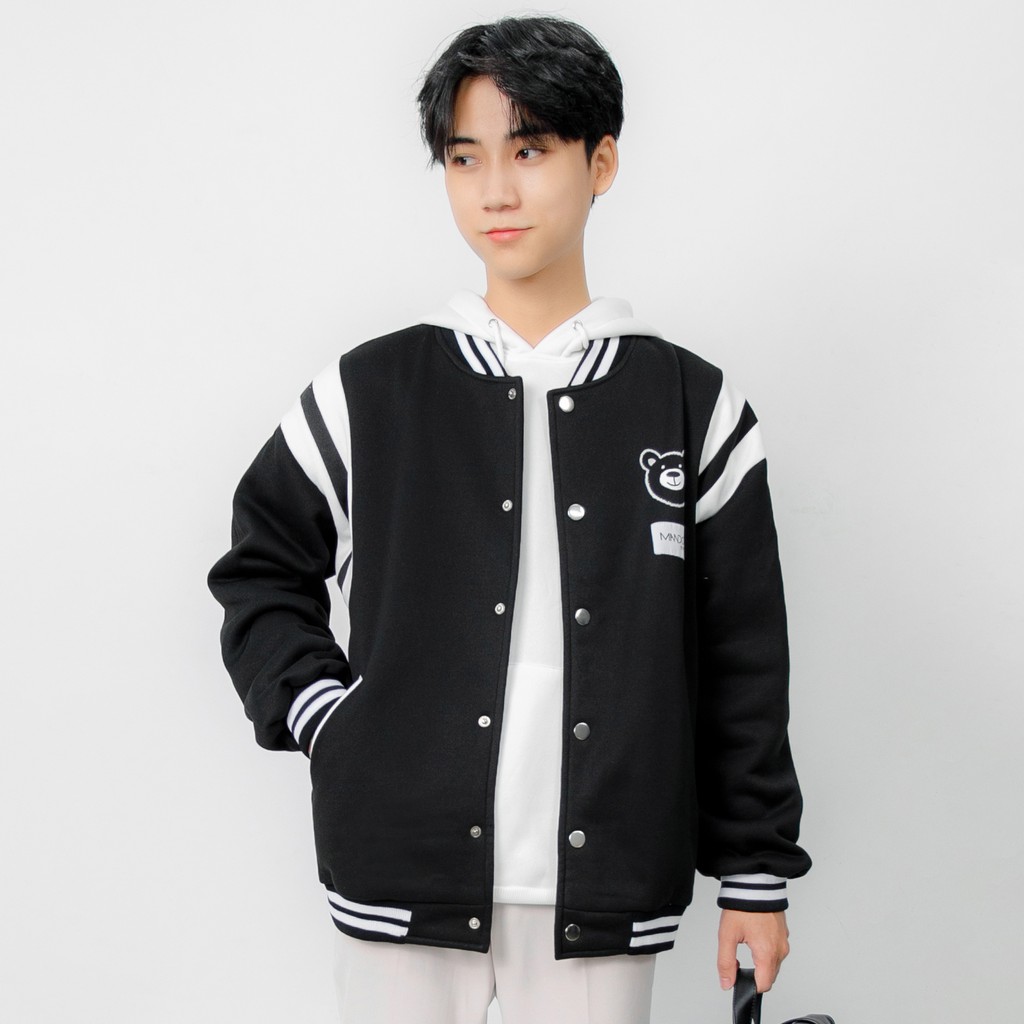 Áo Khoác Bomber Varsity Nỉ Gấu Nam MANDO, Áo Thể Thao Nỉ Bông Cao Cấp Dáng Rộng Basic Varsity Thời Trang Hàn Quốc NDN082