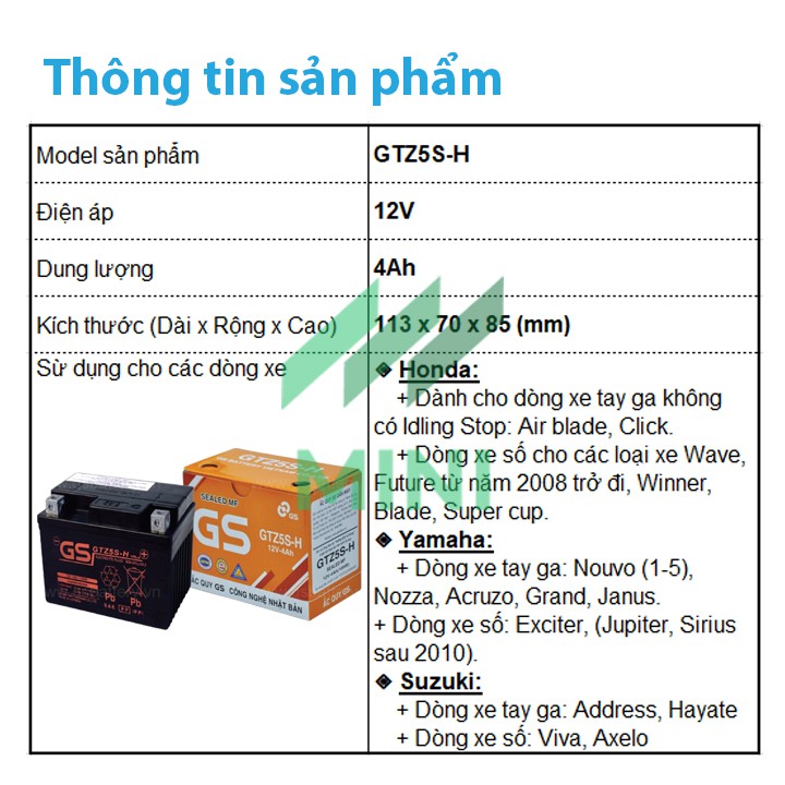 Bình ắc quy khô GS GTZ5S-H (12V – 4Ah) dành cho Honda, Yamaha, Suzuki....