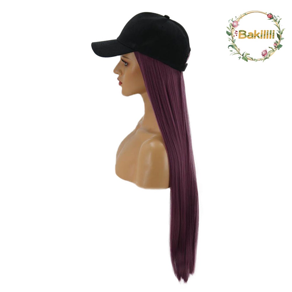 【BK】Charming Women Long Straight Synthetic Hair Extension Wig Hairpiece with Hat